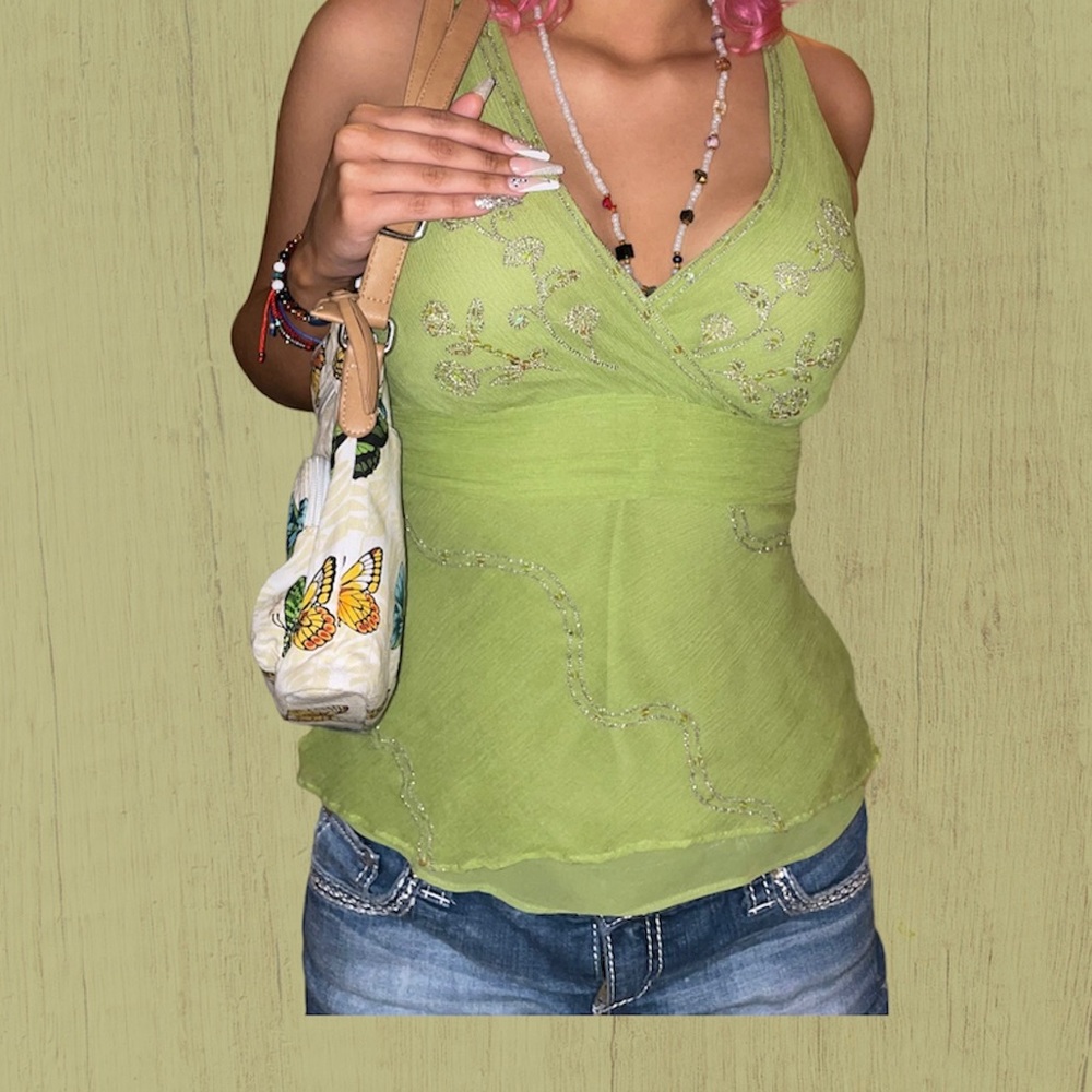 y2k silk sage green kimono style tank top with hand stitched gold embellishment